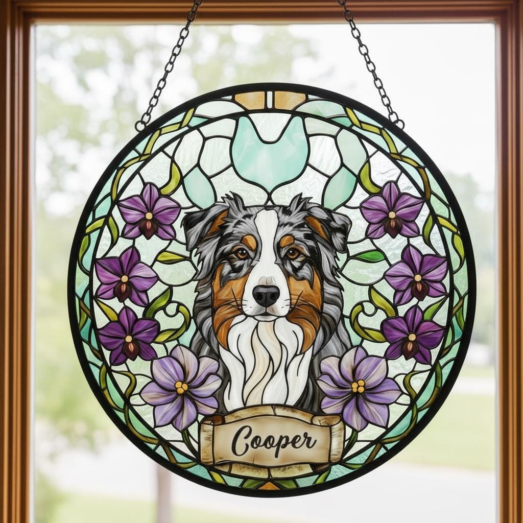 Custom Australian Shepherd Dog Portrait Stained Glass Suncatcher, Personalized Pet Memorial Photo Suncatcher,Dog Loss Keepsake,Pet Loss Gift - image 2
