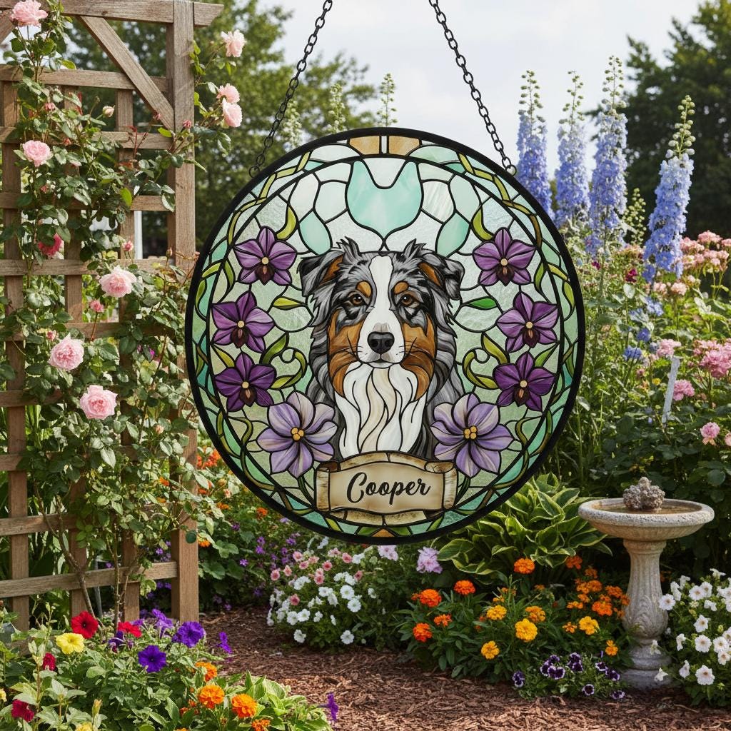 Custom Australian Shepherd Dog Portrait Stained Glass Suncatcher, Personalized Pet Memorial Photo Suncatcher,Dog Loss Keepsake,Pet Loss Gift - image 5