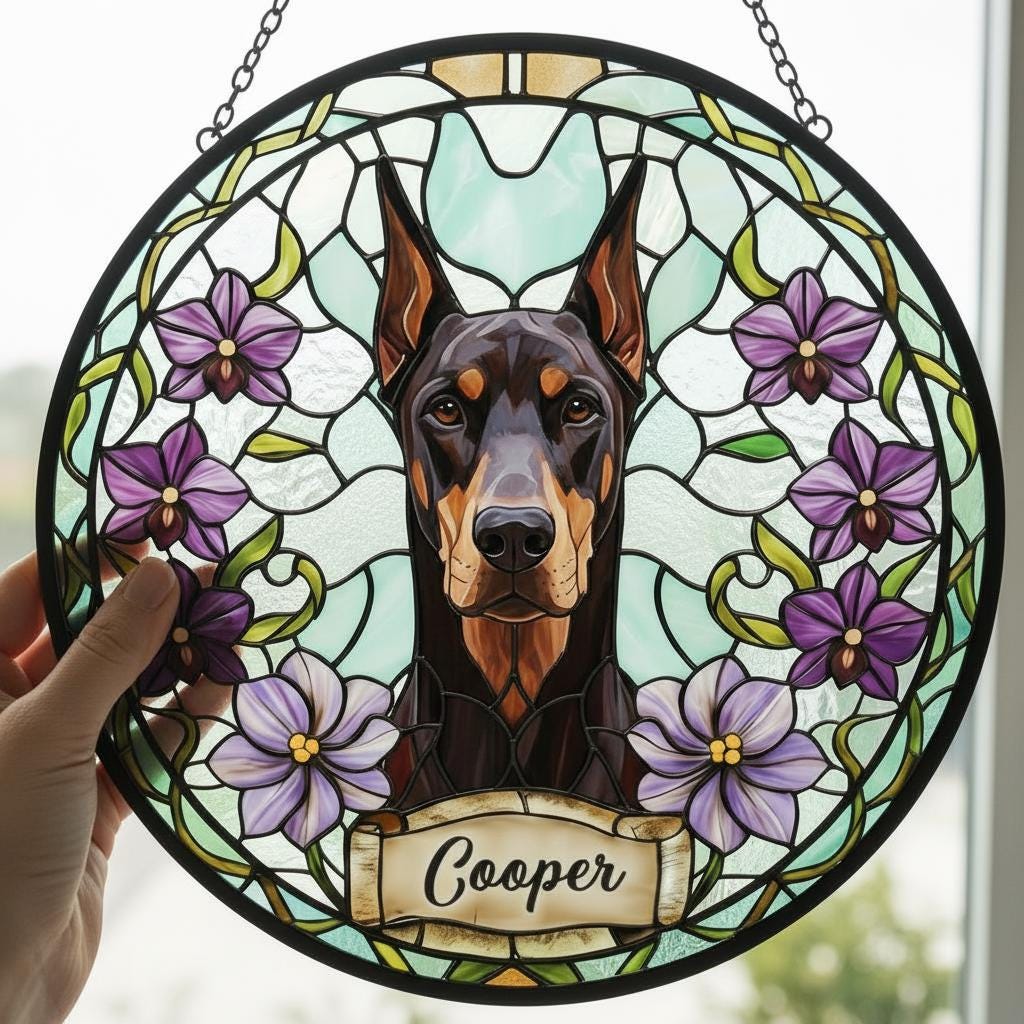 Custom Doberman Pinscher Dog Portrait Stained Glass Suncatcher, Personalized Pet Memorial Photo Suncatcher, Dog Loss Keepsake,Pet Loss Gift - image 3