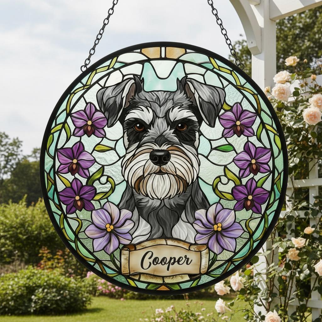 Custom Miniature Schnauzer Dog Portrait Stained Glass Suncatcher,Personalized Pet Memorial Photo Suncatcher, Dog Loss Keepsake,Pet Loss Gift