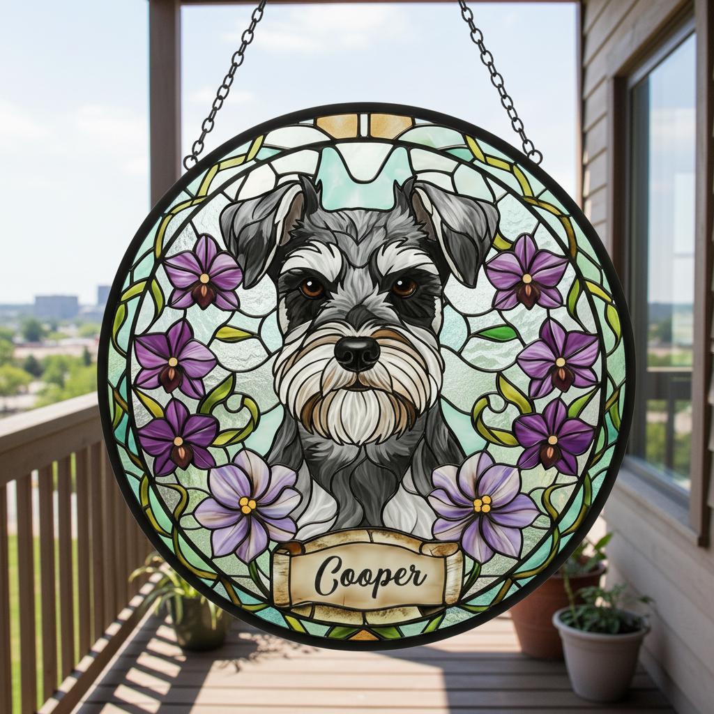 Custom Miniature Schnauzer Dog Portrait Stained Glass Suncatcher,Personalized Pet Memorial Photo Suncatcher, Dog Loss Keepsake,Pet Loss Gift - image 2