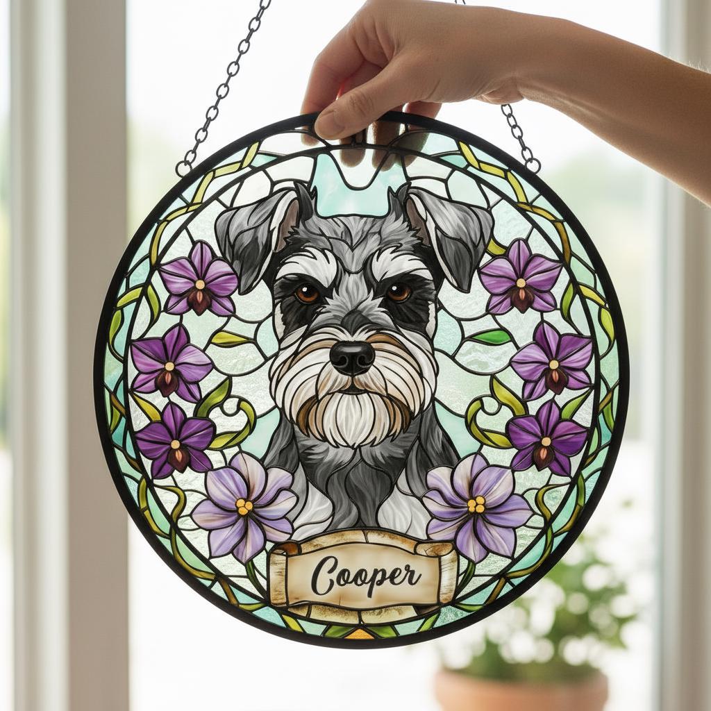 Custom Miniature Schnauzer Dog Portrait Stained Glass Suncatcher,Personalized Pet Memorial Photo Suncatcher, Dog Loss Keepsake,Pet Loss Gift - image 3