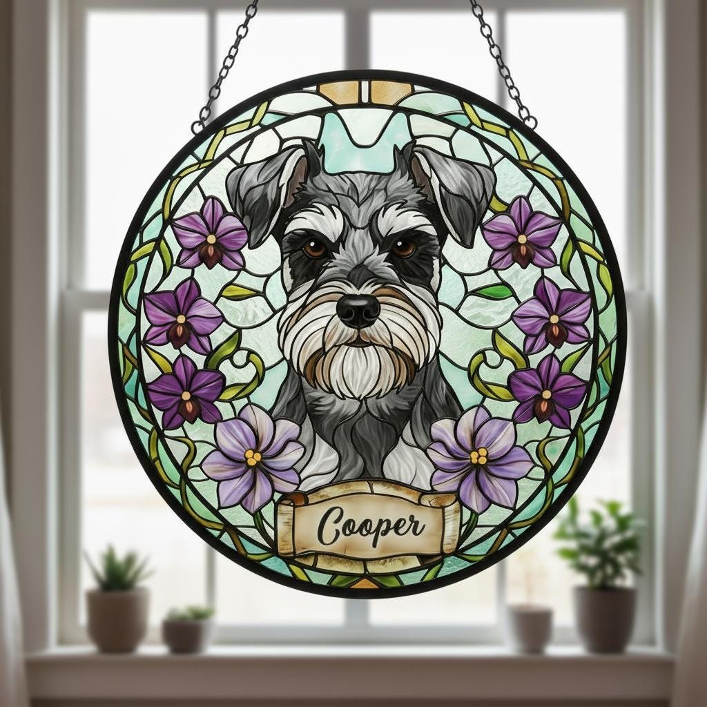 Custom Miniature Schnauzer Dog Portrait Stained Glass Suncatcher,Personalized Pet Memorial Photo Suncatcher, Dog Loss Keepsake,Pet Loss Gift - image 4