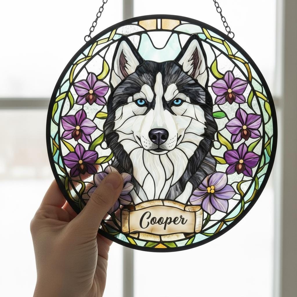 Custom Siberian Husky  Dog Portrait Stained Glass Suncatcher,Personalized Pet Memorial Photo Suncatcher, Dog Loss Keepsake,Pet Loss Gift - image 4