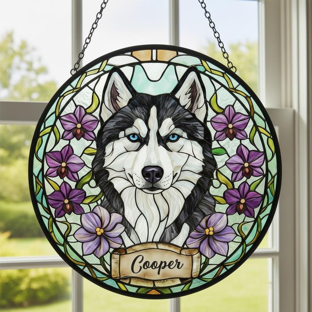 Custom Siberian Husky  Dog Portrait Stained Glass Suncatcher,Personalized Pet Memorial Photo Suncatcher, Dog Loss Keepsake,Pet Loss Gift