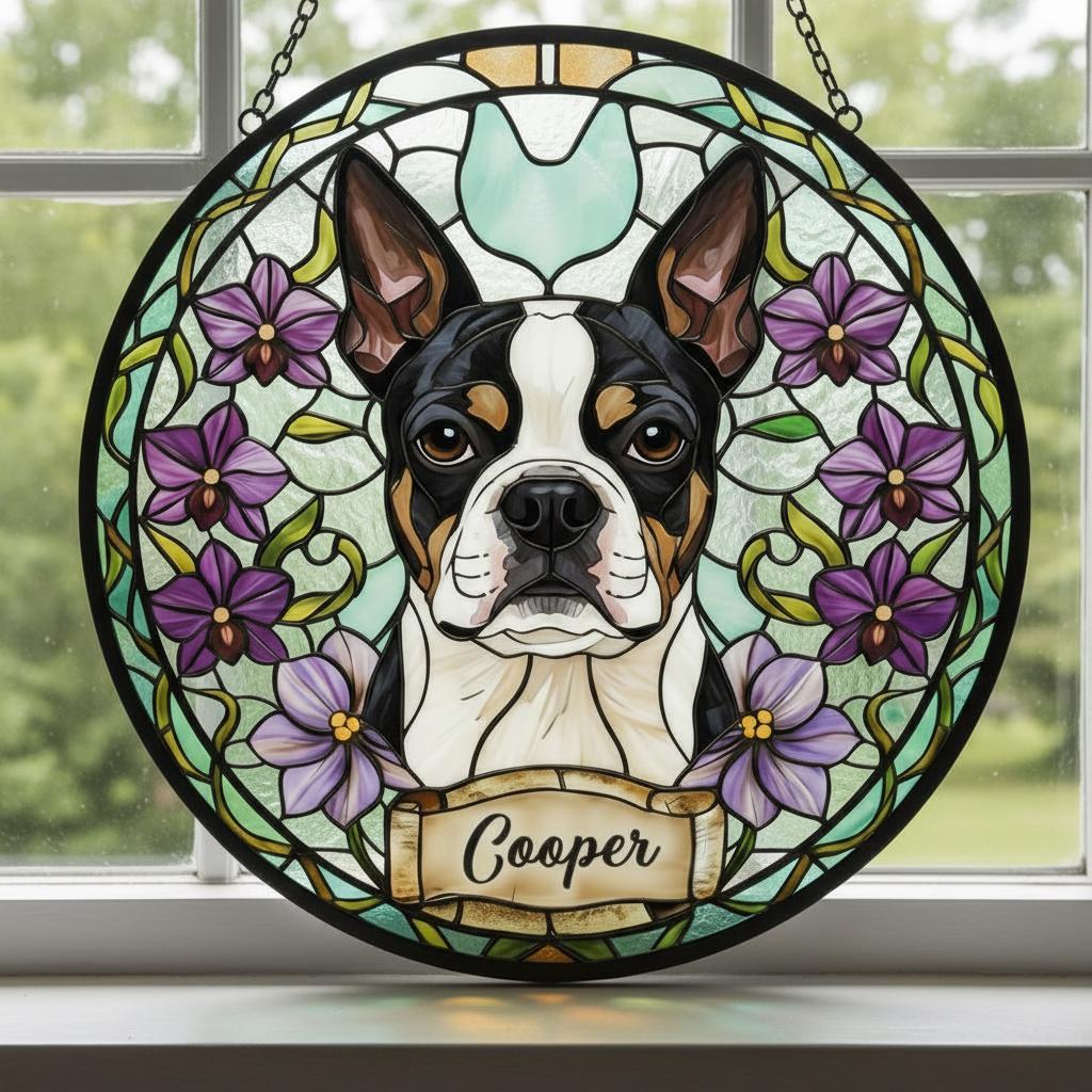 Custom Boston Terrier  Dog Portrait Stained Glass Suncatcher,Personalized Pet Memorial Photo Suncatcher, Dog Loss Keepsake,Pet Loss Gift
