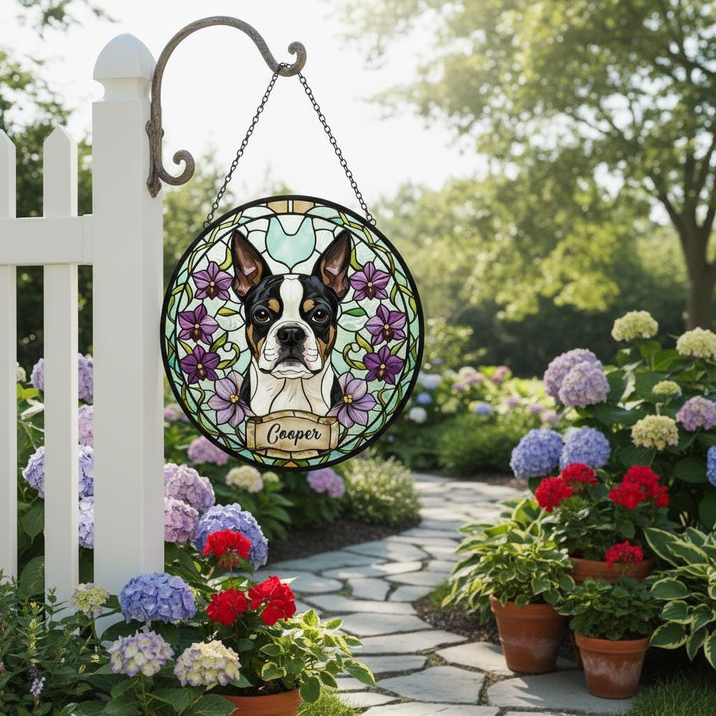 Custom Boston Terrier  Dog Portrait Stained Glass Suncatcher,Personalized Pet Memorial Photo Suncatcher, Dog Loss Keepsake,Pet Loss Gift - image 4