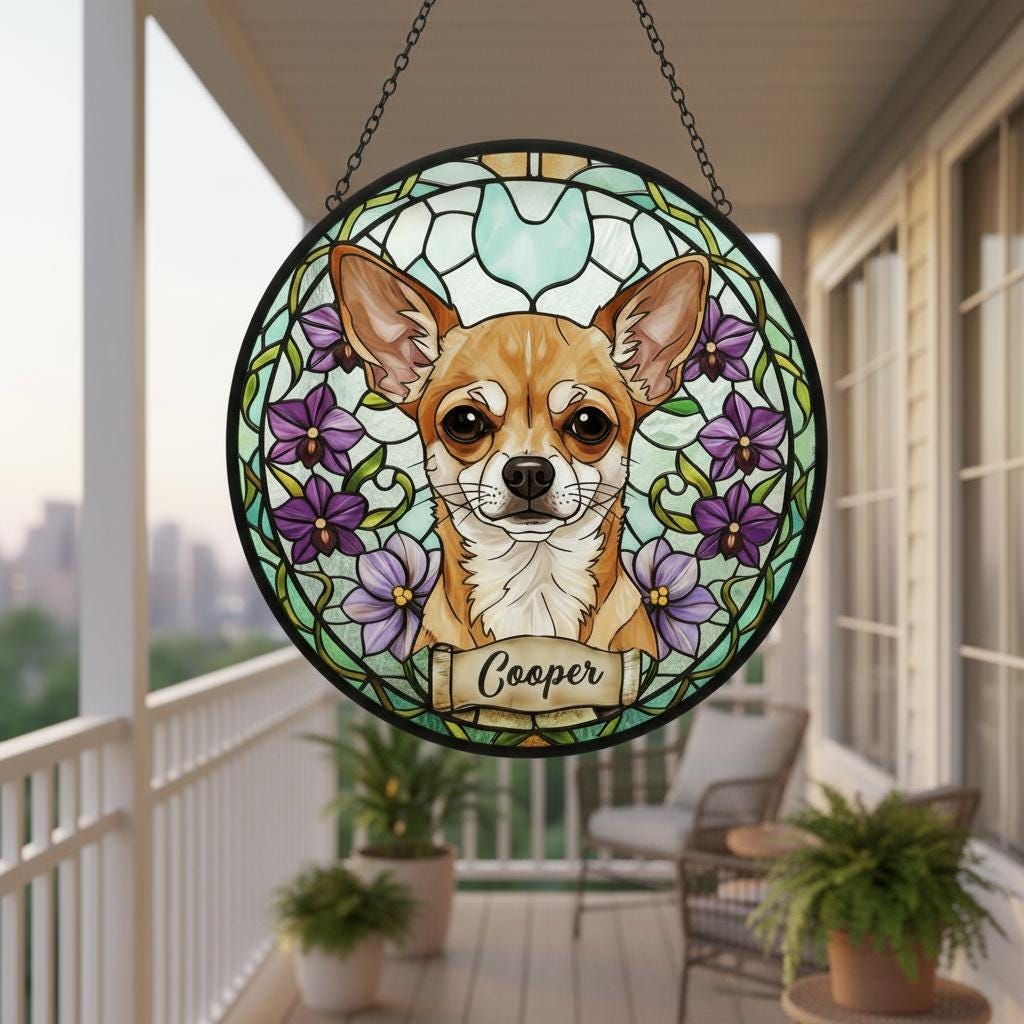 Custom Chihuahua  Dog Portrait Stained Glass Suncatcher, Personalized Pet Memorial Photo Suncatcher, Dog Loss Keepsake, Pet Loss Gift - image 2
