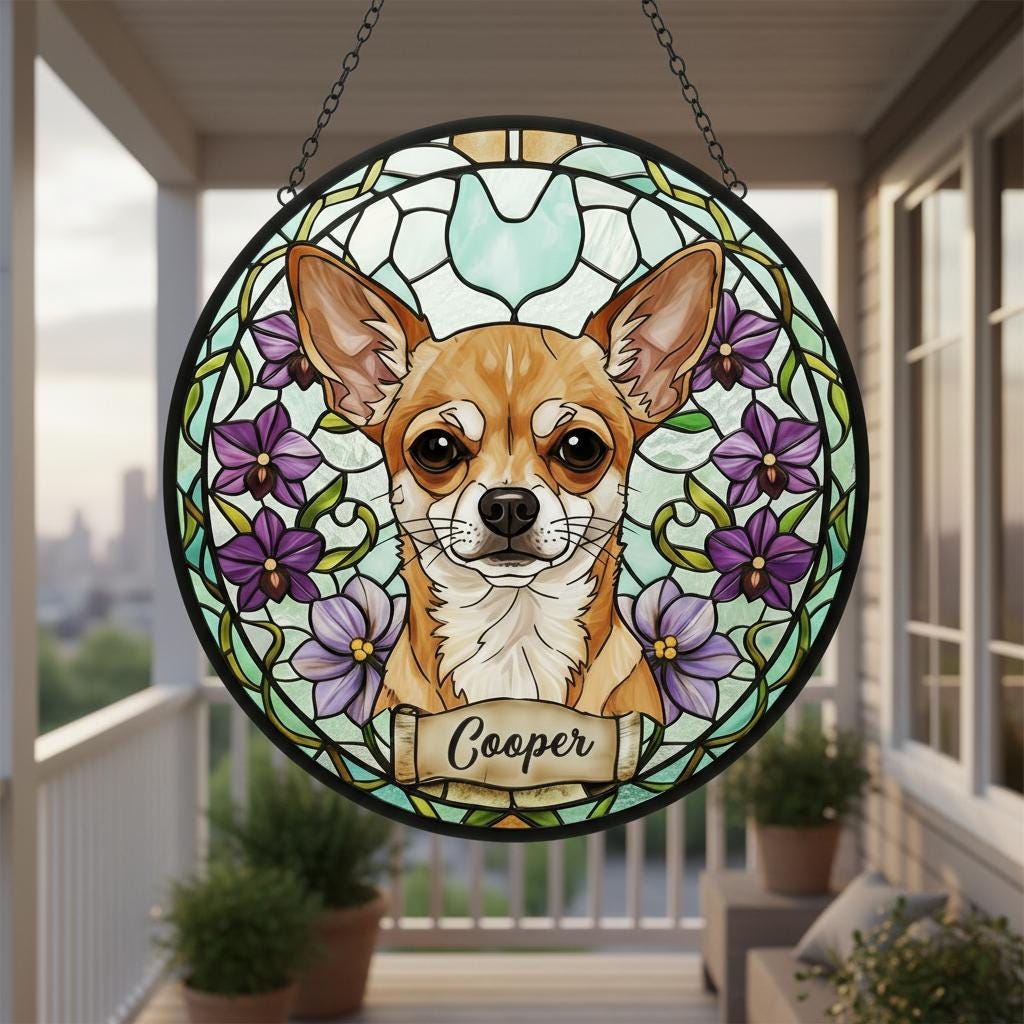 Custom Chihuahua  Dog Portrait Stained Glass Suncatcher, Personalized Pet Memorial Photo Suncatcher, Dog Loss Keepsake, Pet Loss Gift - image 3