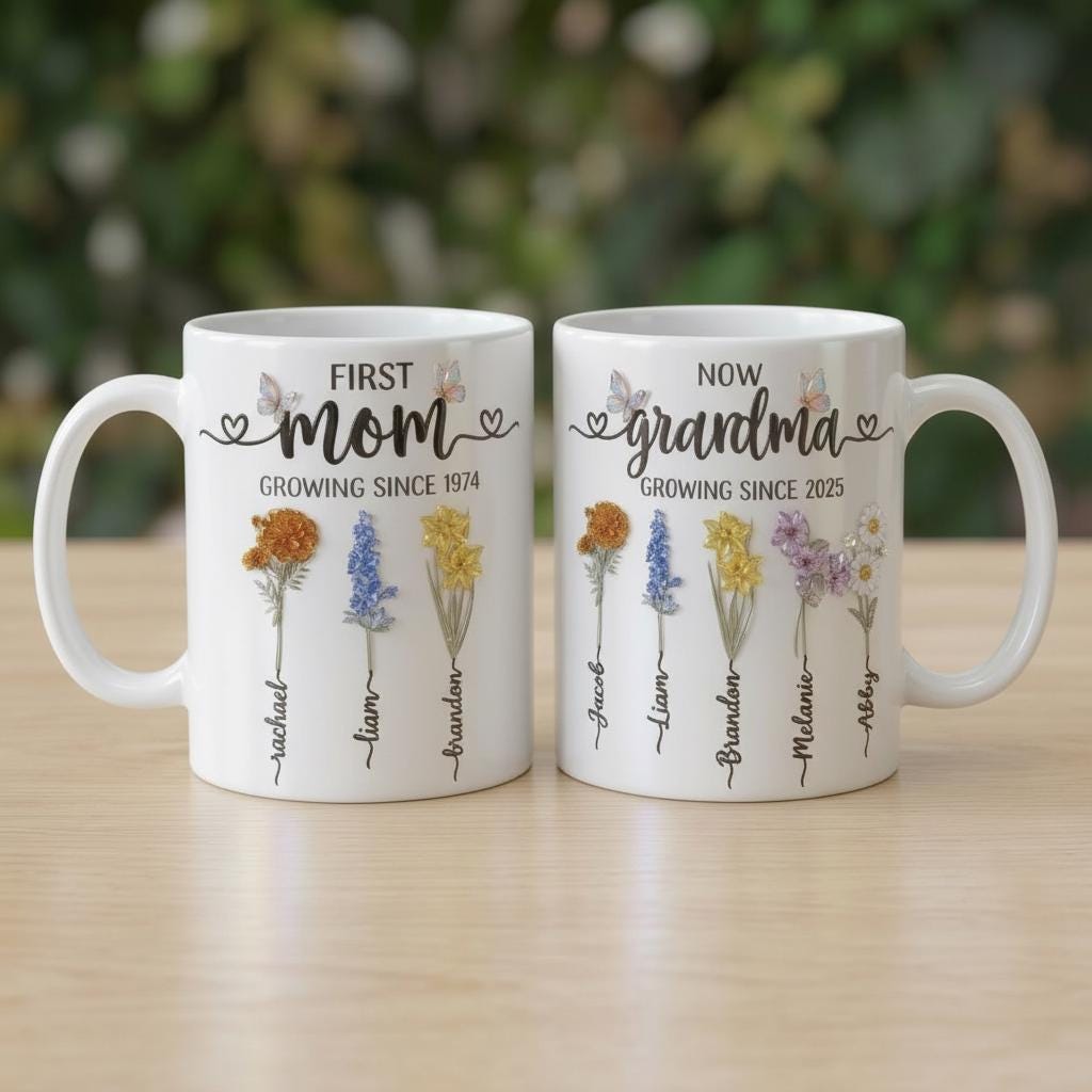 Custom Name Mom Grandma Flowers Mug, Mother's Day Gifts, Grandmas Garden, Faux Crystal 3D Effect - image 6