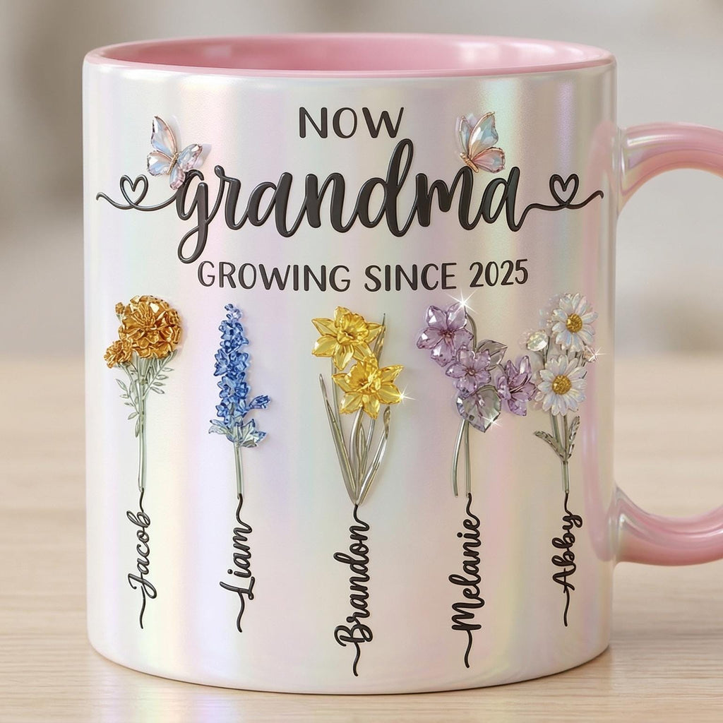 Custom Name Mom Grandma Flowers Mug, Mother's Day Gifts, Grandmas Garden, Faux Crystal 3D Effect - image 3