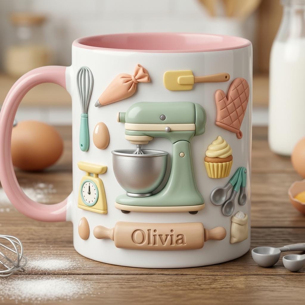 Personalized Baker Faux 3D Effect  Mug, Baking Tools Design, Kitchen Gift