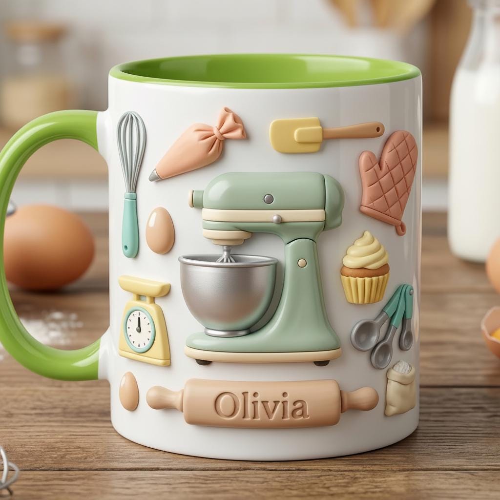 Personalized Baker Faux 3D Effect  Mug, Baking Tools Design, Kitchen Gift - image 4