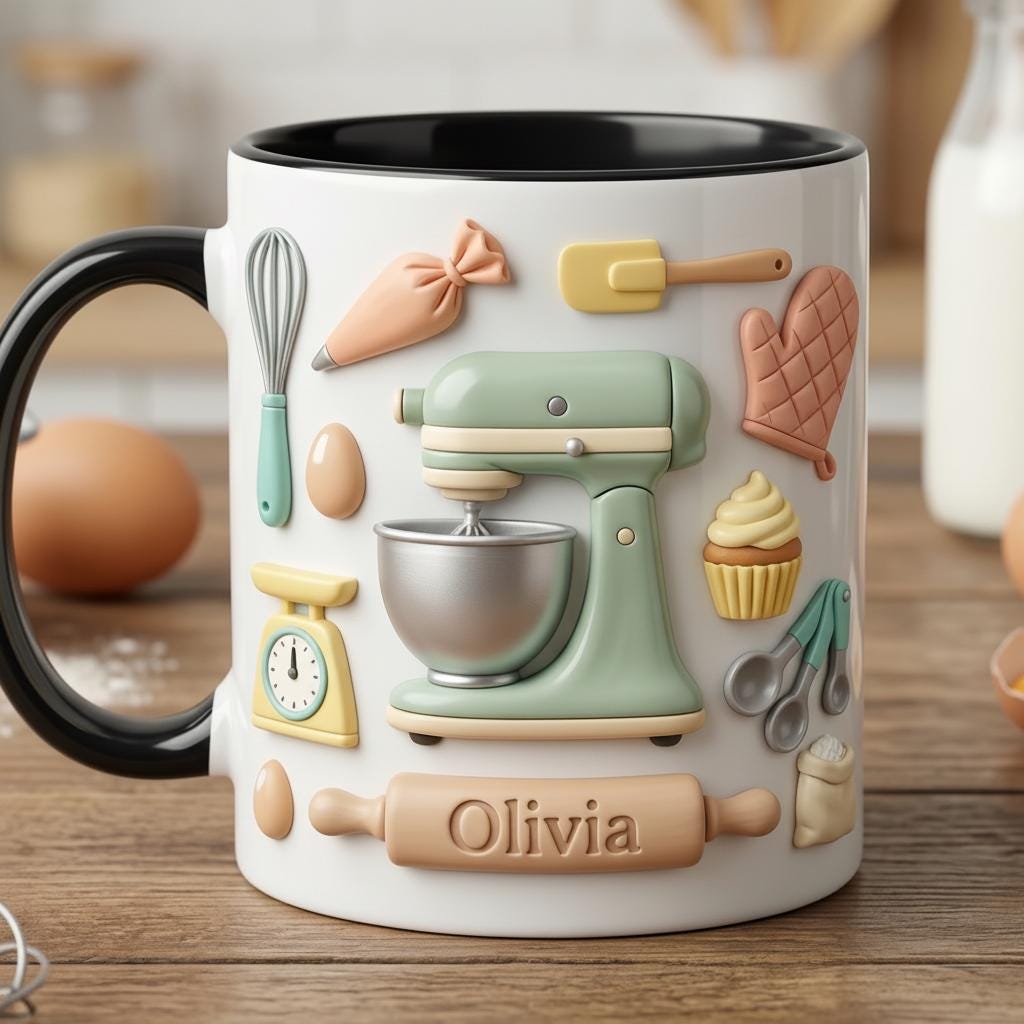 Personalized Baker Faux 3D Effect  Mug, Baking Tools Design, Kitchen Gift - image 2