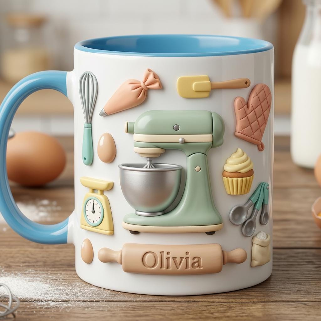 Personalized Baker Faux 3D Effect  Mug, Baking Tools Design, Kitchen Gift - image 3
