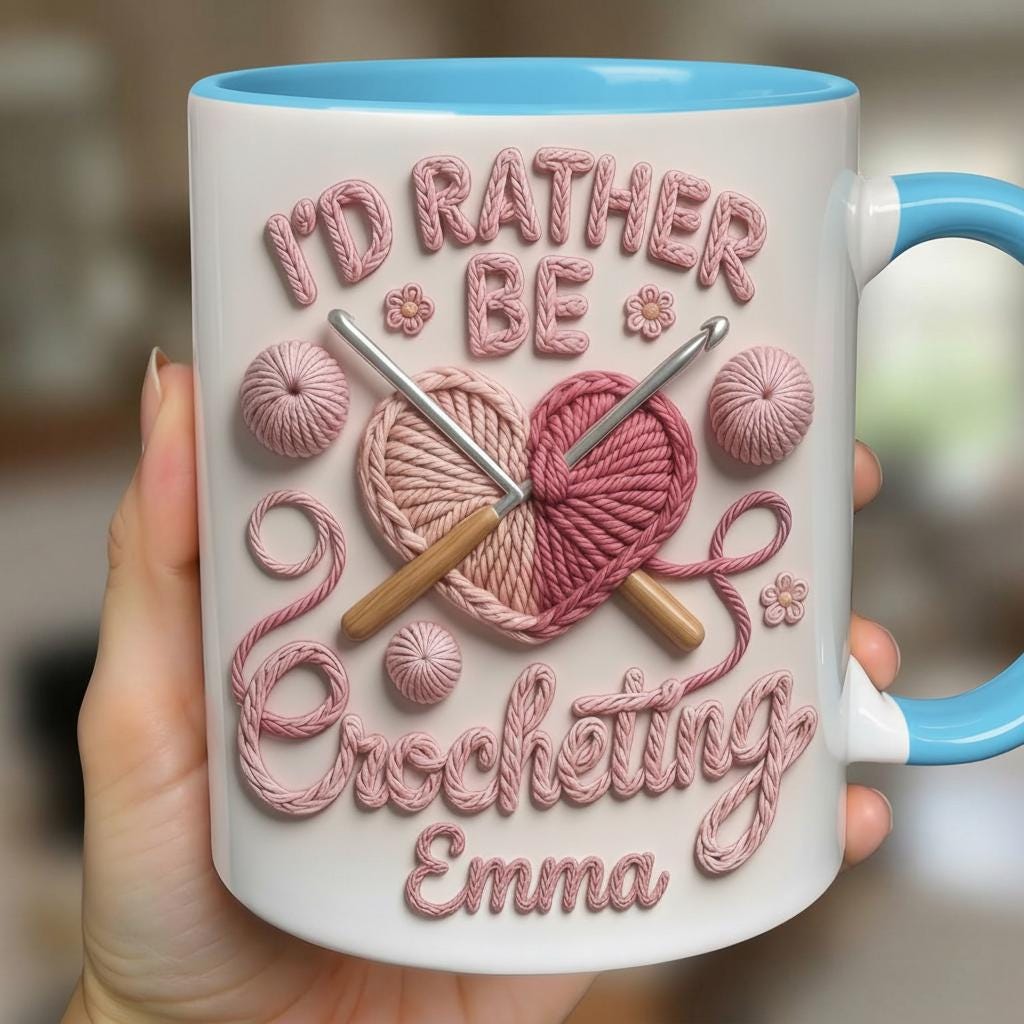 Personalized I'd Rather Be Crocheting Mug, Faux 3D Effect Accent Mug, Gift For Crochet Lovers - image 3