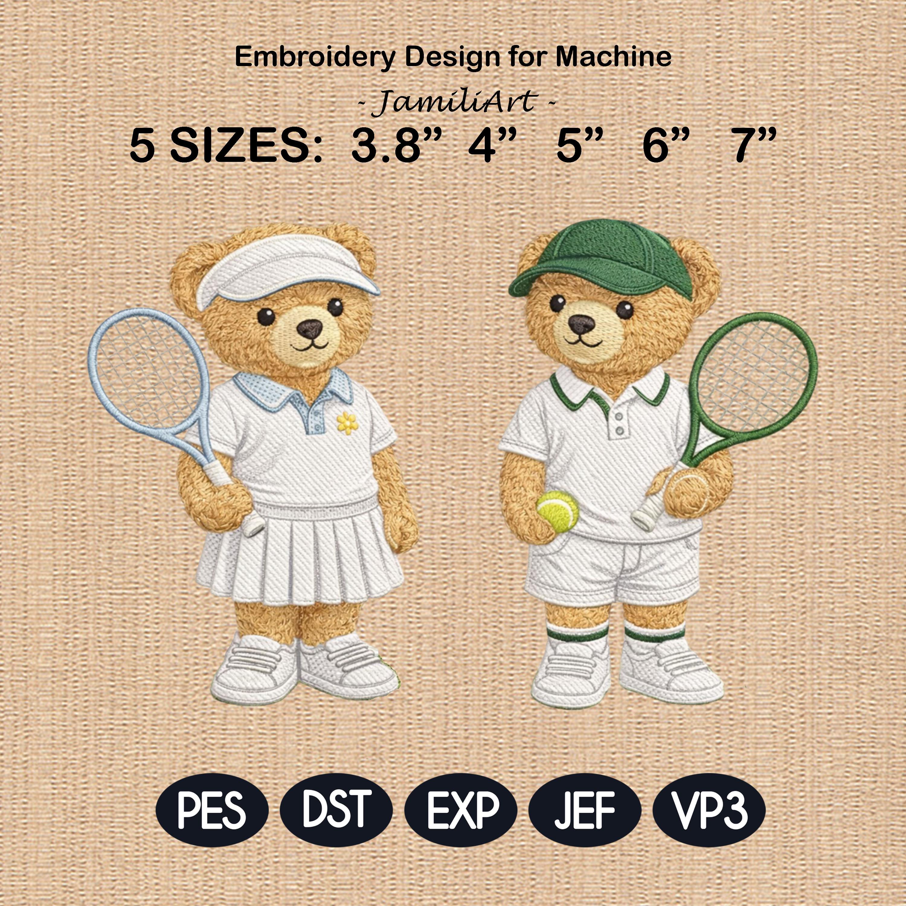 Tennis Teddy Bear Embroidery Design Set, Cute Tennis Couple Bear, Sports Embroidery Pattern, Preppy Tennis Outfit, 5 sizes, Digital Download