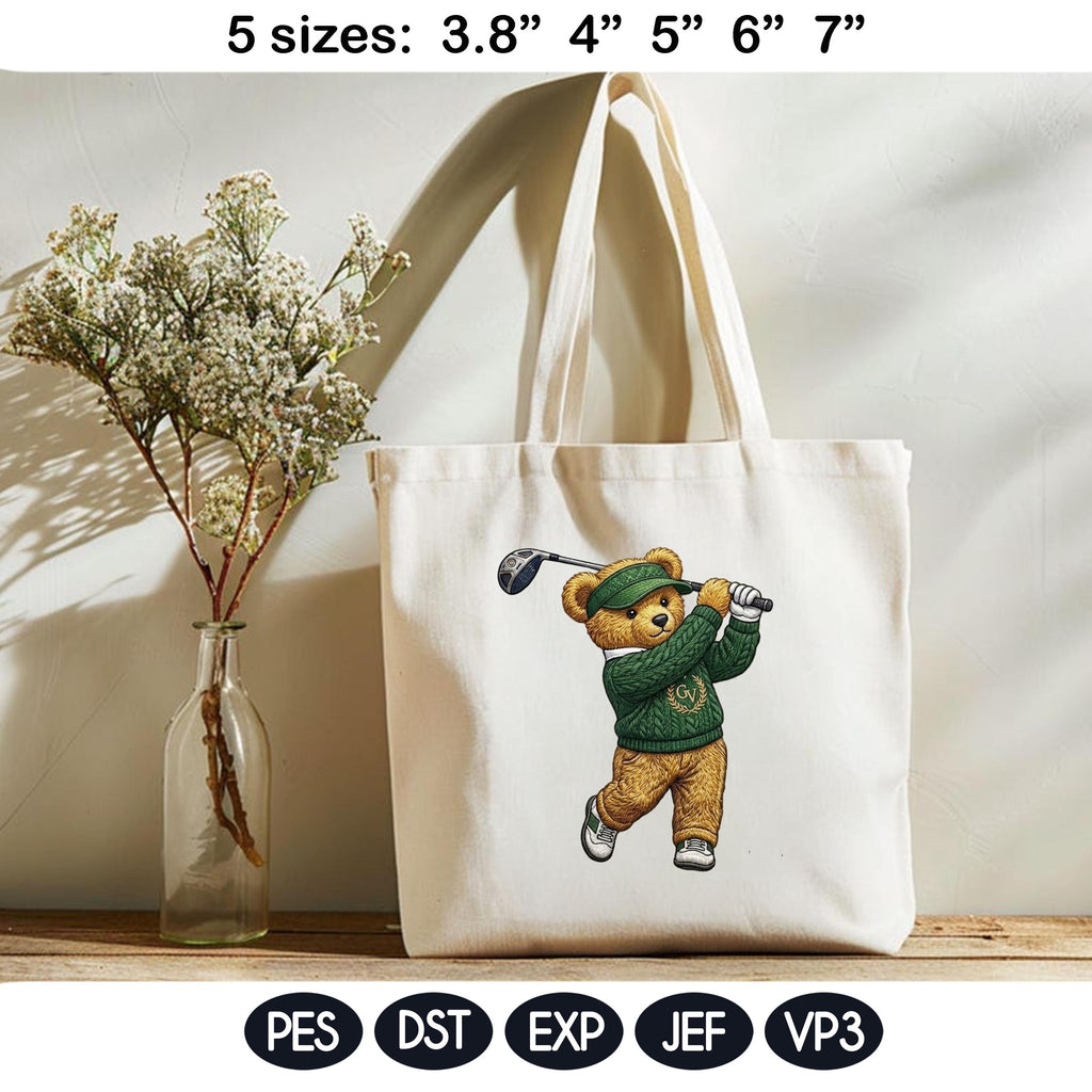 Preppy Golf Teddy Bear Embroidery Design, Country Club Bear, Old Money Style Golfer, Cute Golf Embroidery Pattern, 5 sizes, Digital Download - image 4