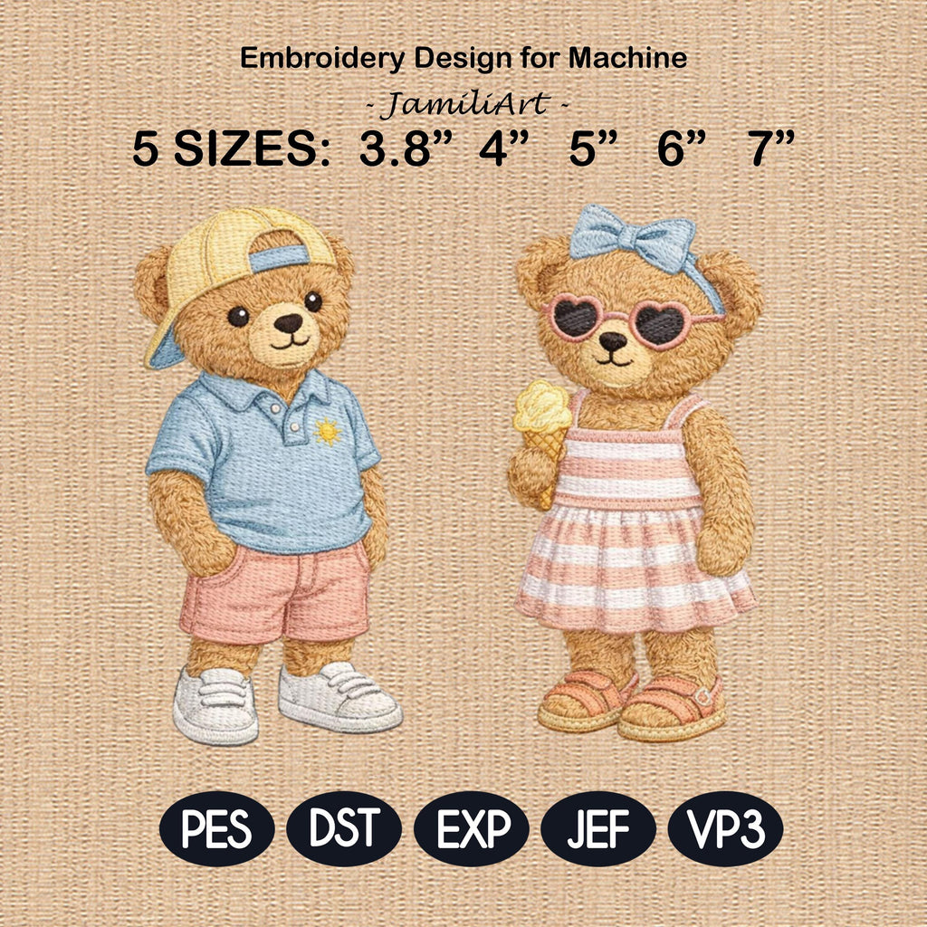Summer Teddy Bear Embroidery Design Set, Cute Bear Couple, Preppy Summer Outfit, Ice Cream Bear, Kids Embroidery Pattern, Digital Download