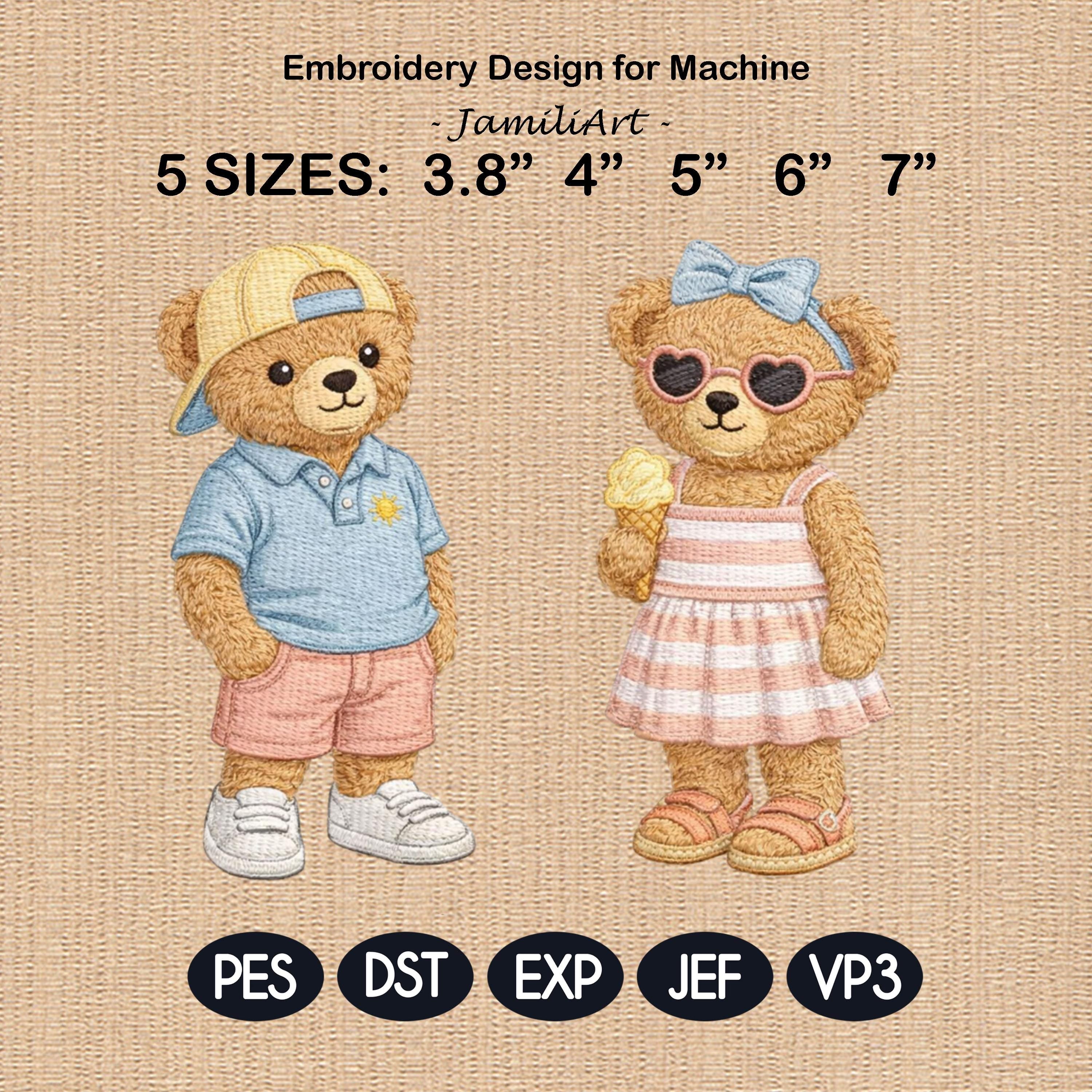 Summer Teddy Bear Embroidery Design Set, Cute Bear Couple, Preppy Summer Outfit, Ice Cream Bear, Kids Embroidery Pattern, Digital Download