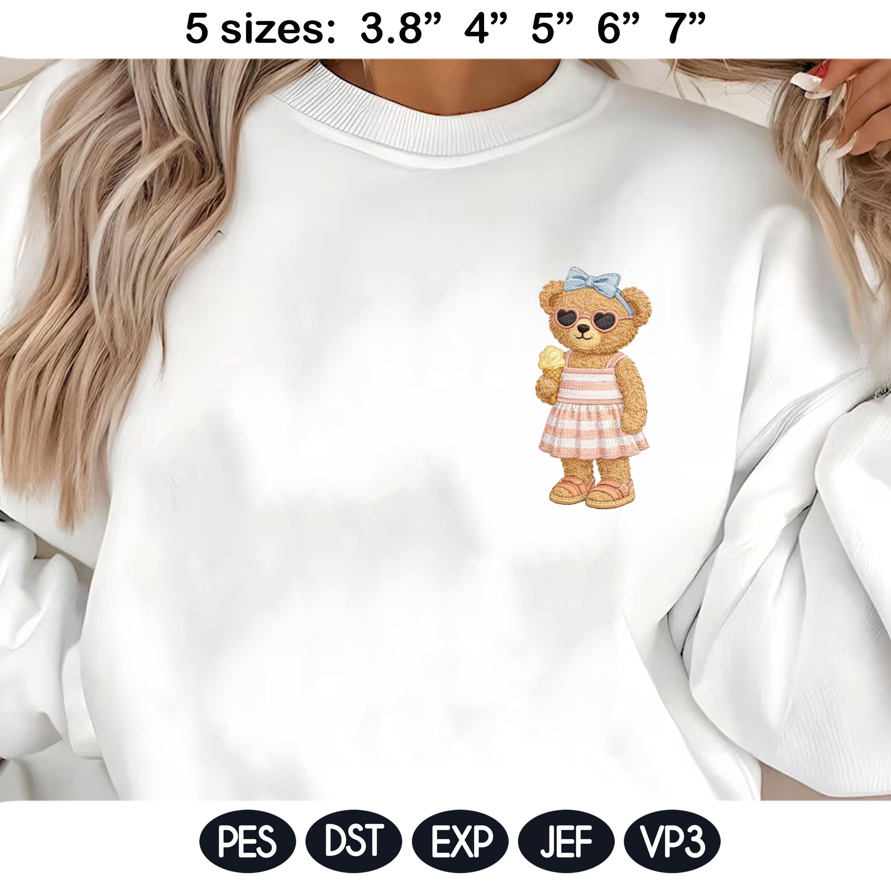 Summer Teddy Bear Embroidery Design Set, Cute Bear Couple, Preppy Summer Outfit, Ice Cream Bear, Kids Embroidery Pattern, Digital Download - image 6