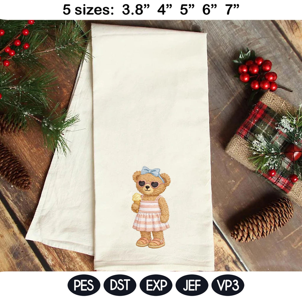 Summer Teddy Bear Embroidery Design Set, Cute Bear Couple, Preppy Summer Outfit, Ice Cream Bear, Kids Embroidery Pattern, Digital Download - image 5
