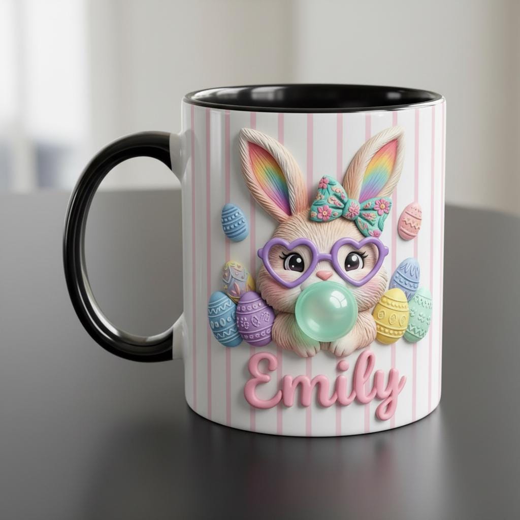 Personalized Bunny Easter Mug, Custom Name Easter Eggs Coffee Mugs, Cute Rabbit Easter Day Cup - image 2