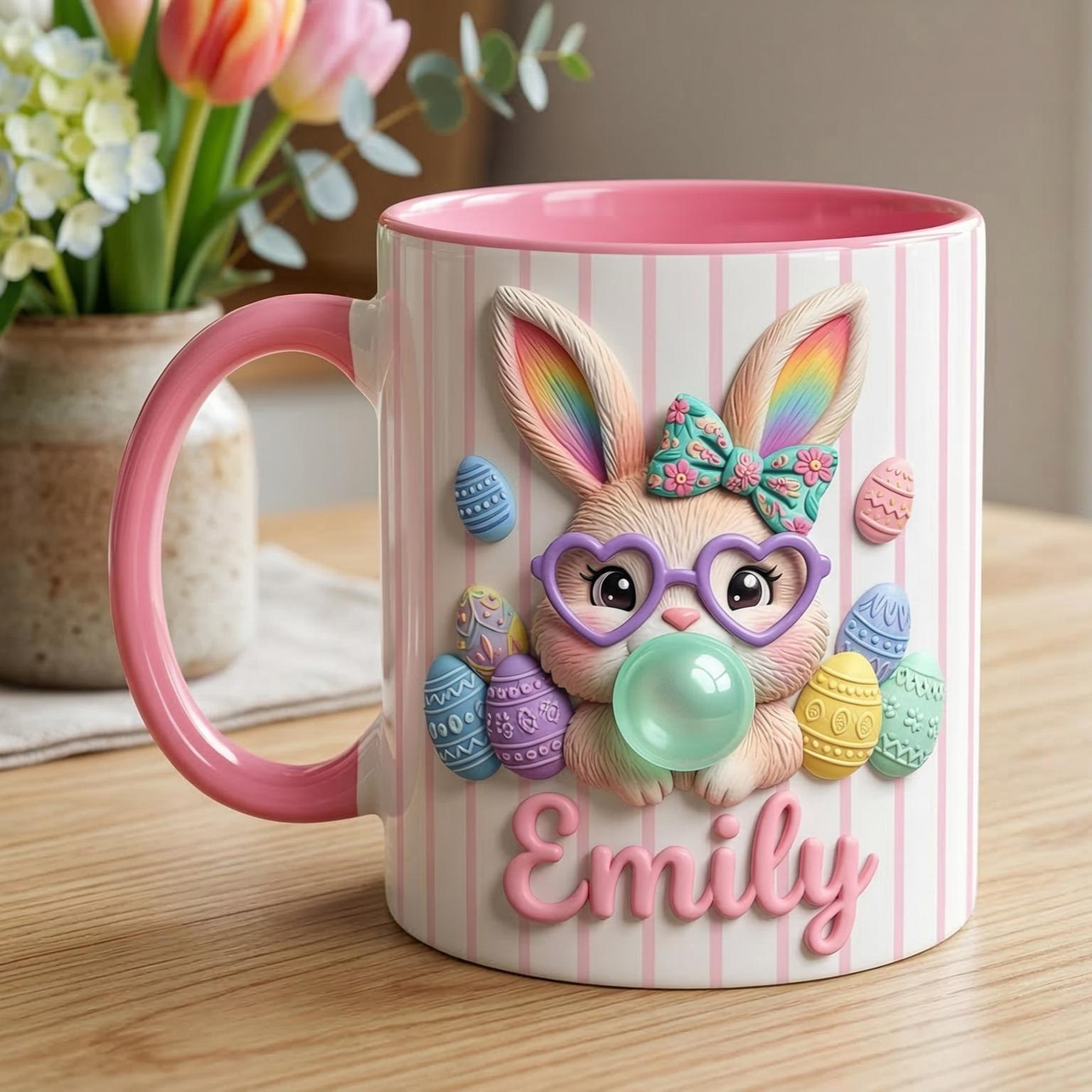 Personalized Bunny Easter Mug, Custom Name Easter Eggs Coffee Mugs, Cute Rabbit Easter Day Cup