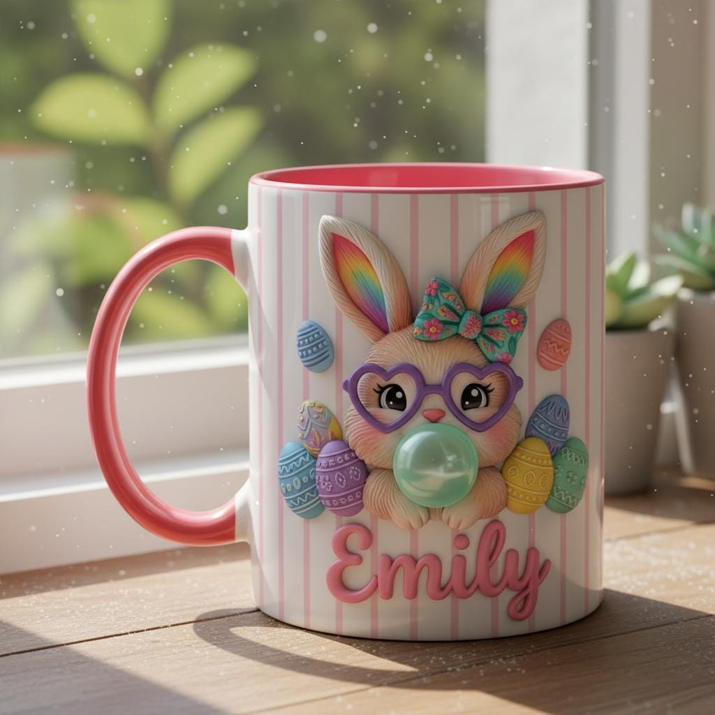 Personalized Bunny Easter Mug, Custom Name Easter Eggs Coffee Mugs, Cute Rabbit Easter Day Cup - image 3