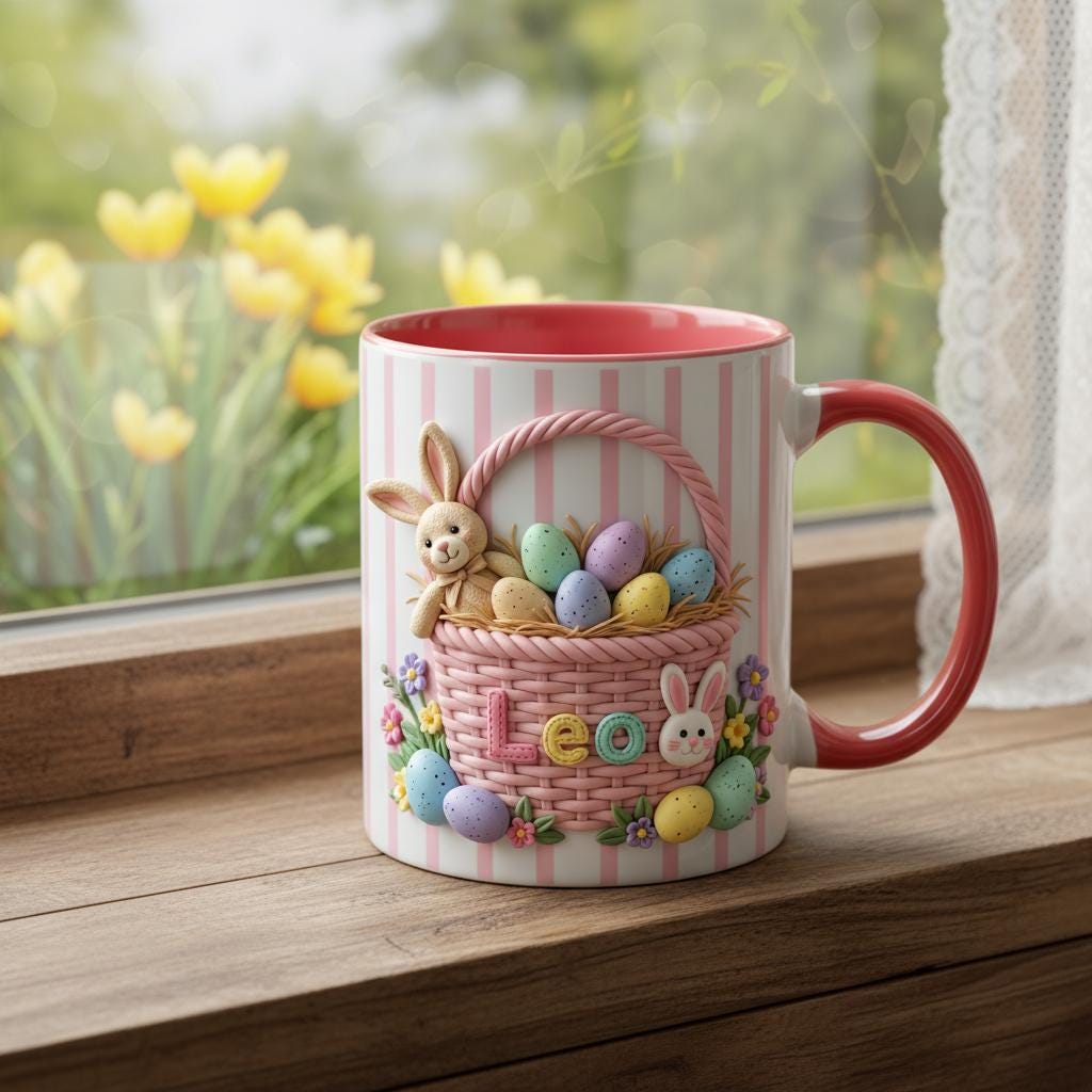 Personalized Bunny Easter Basket Mug, Custom Name Easter Eggs Coffee Mugs, Rabbit Easter Day Cup - image 4