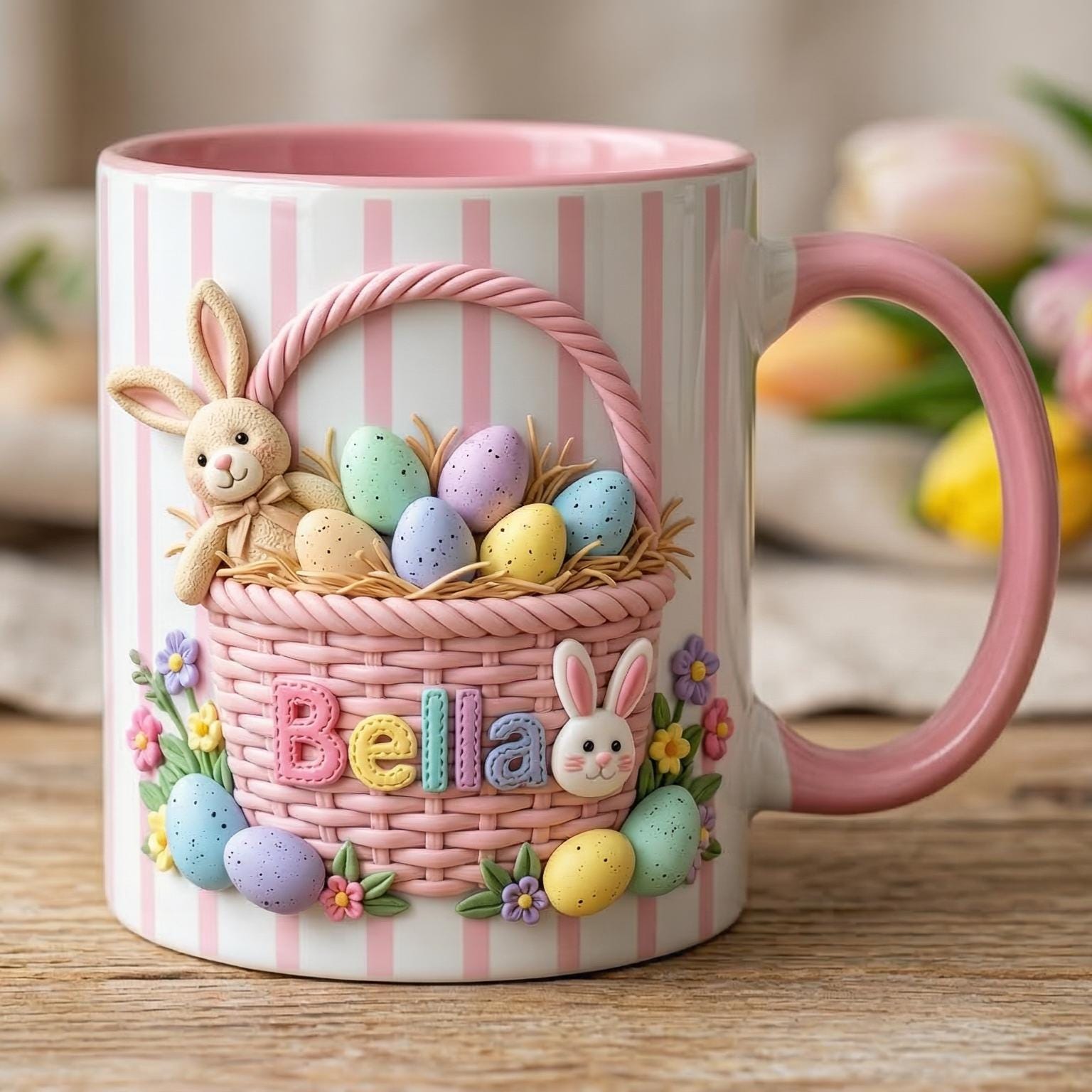 Personalized Bunny Easter Basket Mug, Custom Name Easter Eggs Coffee Mugs, Rabbit Easter Day Cup