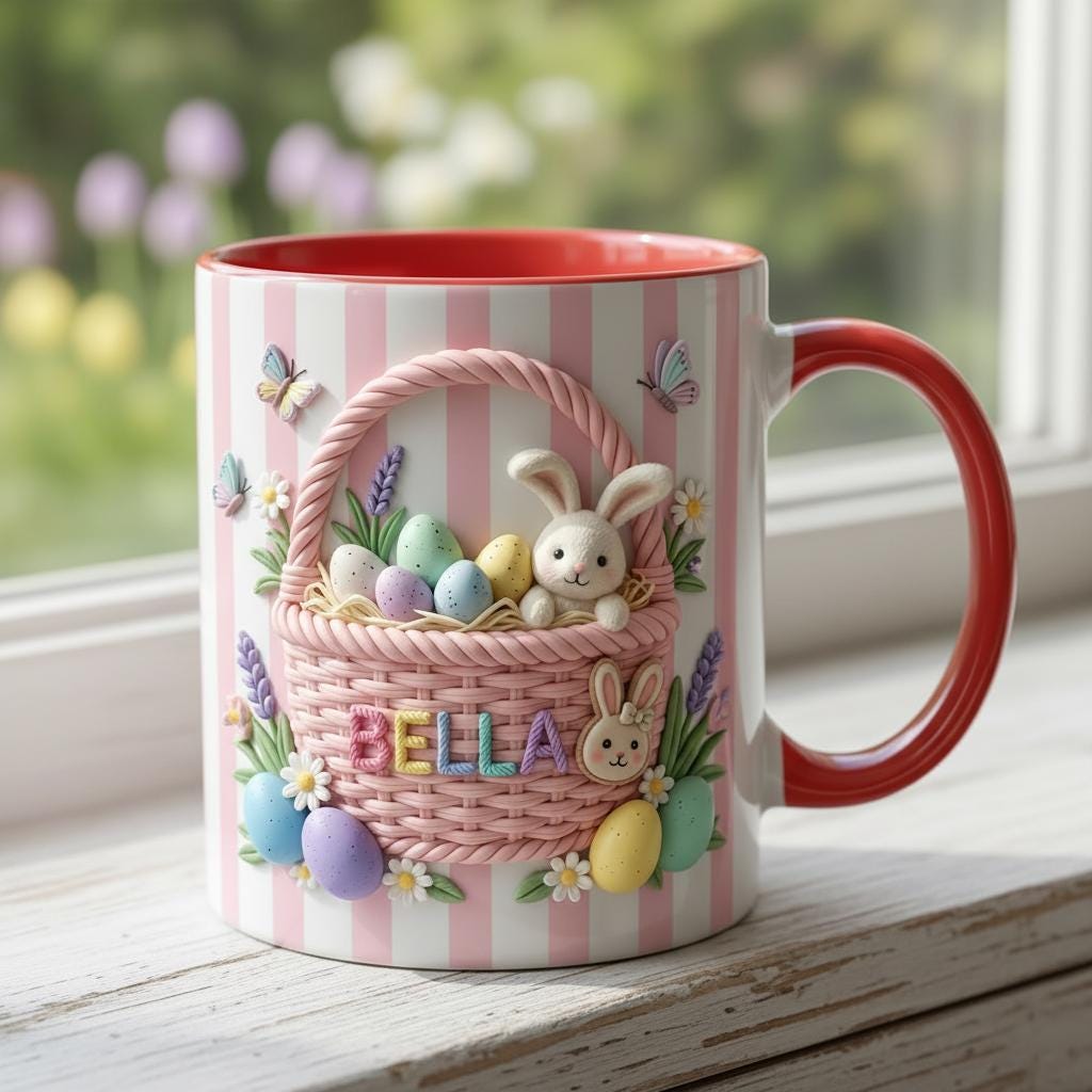 Personalized Bunny Easter Mug, Custom Name Easter Eggs Coffee Mugs, Cute Rabbit Easter Day Cup - image 2
