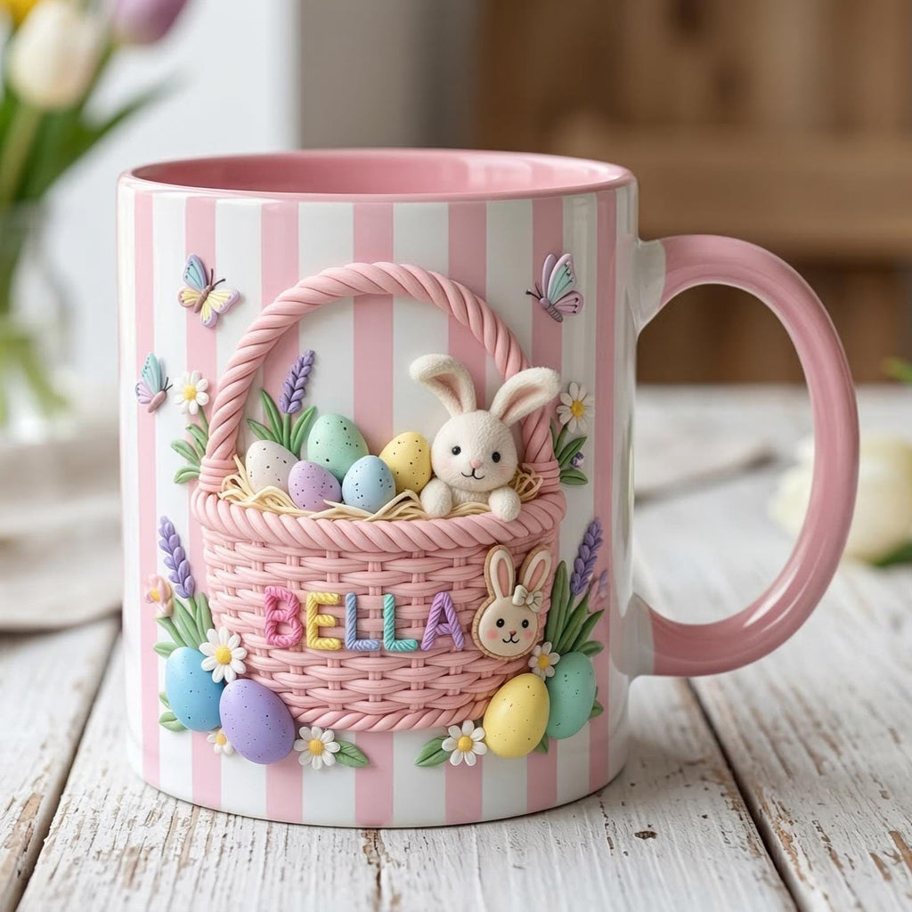 Personalized Bunny Easter Mug, Custom Name Easter Eggs Coffee Mugs, Cute Rabbit Easter Day Cup