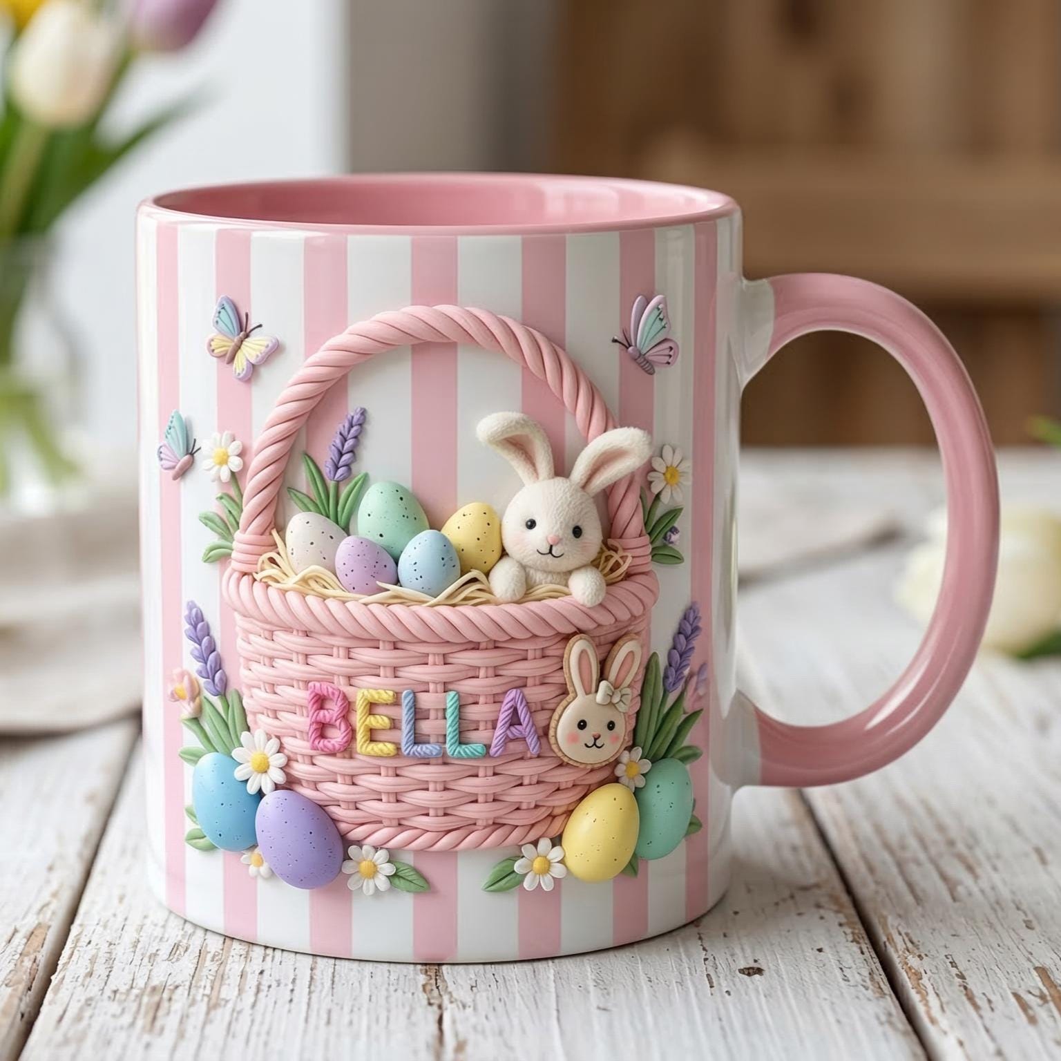 Personalized Bunny Easter Mug, Custom Name Easter Eggs Coffee Mugs, Cute Rabbit Easter Day Cup