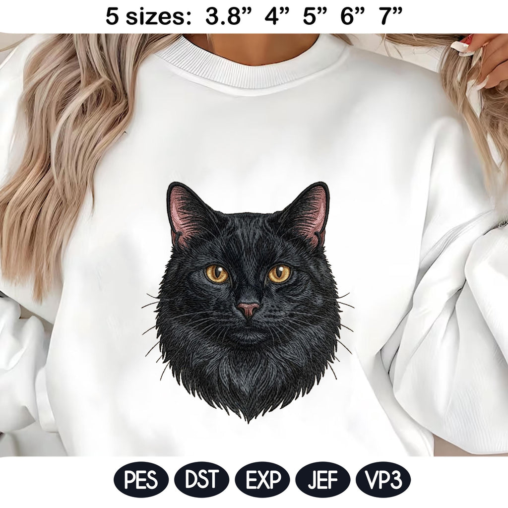 Black Cat Embroidery Design, Realistic Cat Face Portrait, Cute Black Kitten Machine Embroidery, Pet Lover Gift, 5 Sizes, Digital Download - image 3