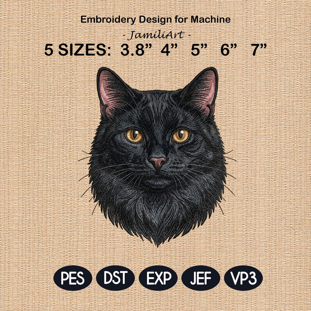 Black Cat Embroidery Design, Realistic Cat Face Portrait, Cute Black Kitten Machine Embroidery, Pet Lover Gift, 5 Sizes, Digital Download