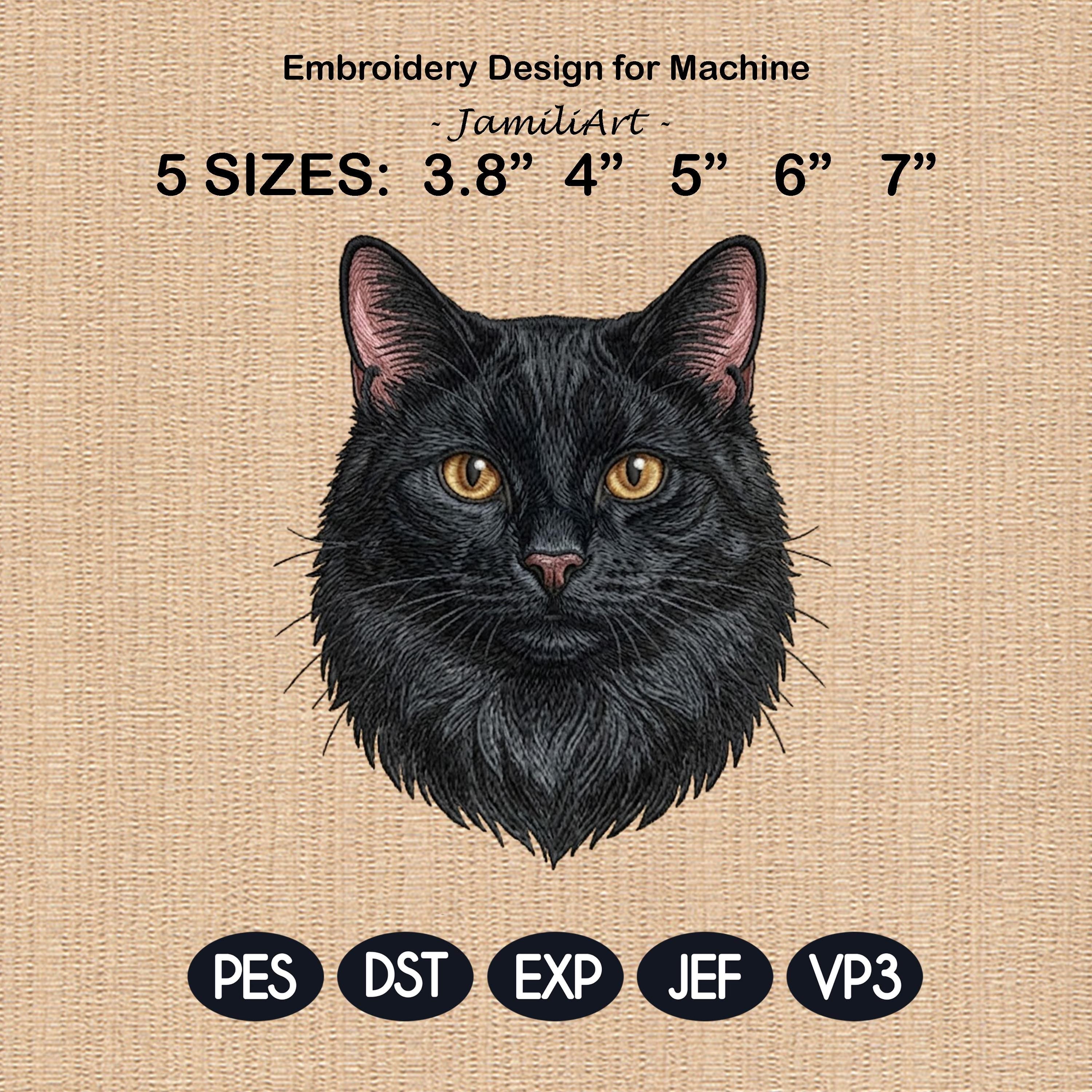 Black Cat Embroidery Design, Realistic Cat Face Portrait, Cute Black Kitten Machine Embroidery, Pet Lover Gift, 5 Sizes, Digital Download