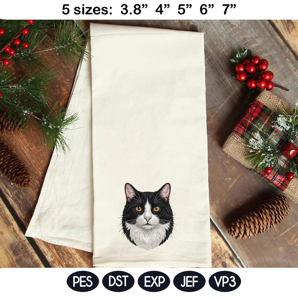 Tuxedo Cat Embroidery Design, Realistic Cat Face Portrait, Cute Tuxedo Kitten Machine Embroidery, Pet Lover Gift, 5 Sizes, Digital Download - image 4