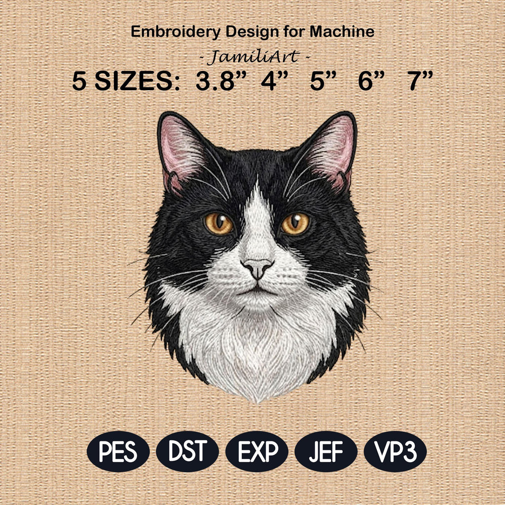 Tuxedo Cat Embroidery Design, Realistic Cat Face Portrait, Cute Tuxedo Kitten Machine Embroidery, Pet Lover Gift, 5 Sizes, Digital Download