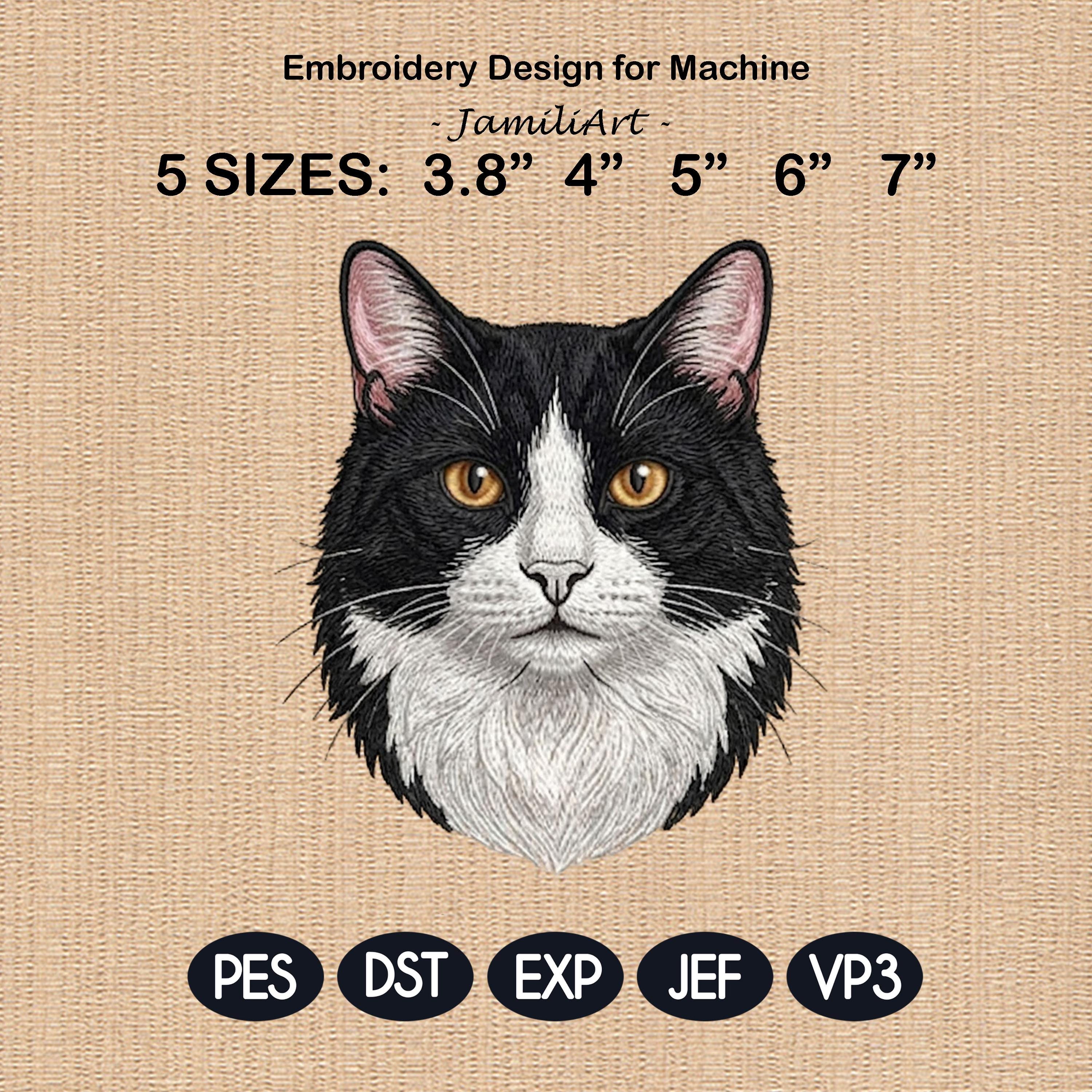 Tuxedo Cat Embroidery Design, Realistic Cat Face Portrait, Cute Tuxedo Kitten Machine Embroidery, Pet Lover Gift, 5 Sizes, Digital Download