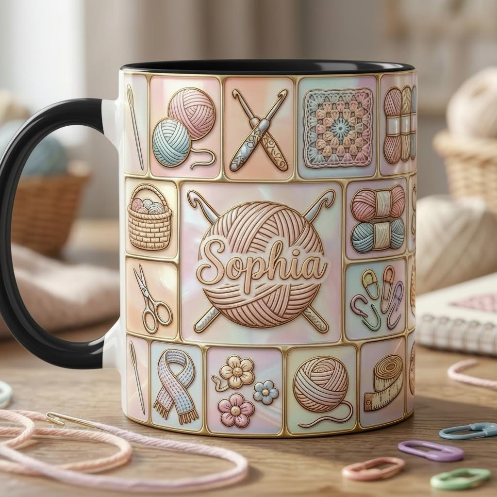Custom Name Crochet Faux 3D Effect Mug, Knitting Lover Gift - image 5