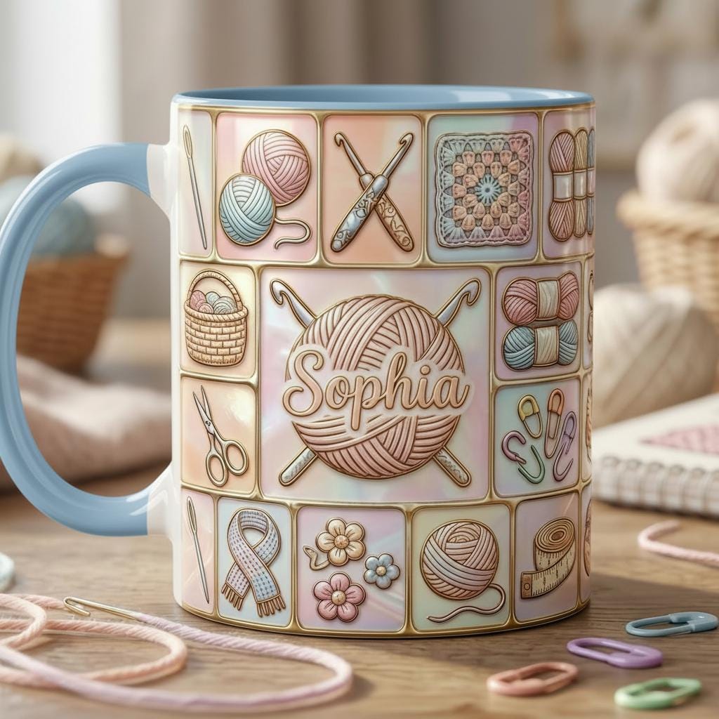 Custom Name Crochet Faux 3D Effect Mug, Knitting Lover Gift - image 3