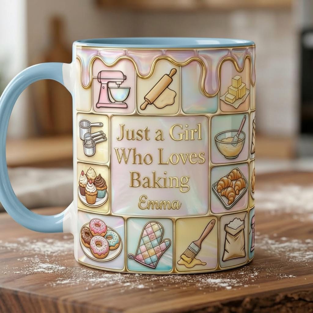 Custom Name Baker’s Dream Faux 3D Effect Mug, Just A Girl Who Loves Baking Mug, Baking Tools Design, Kitchen Baking Gift For Her - image 5