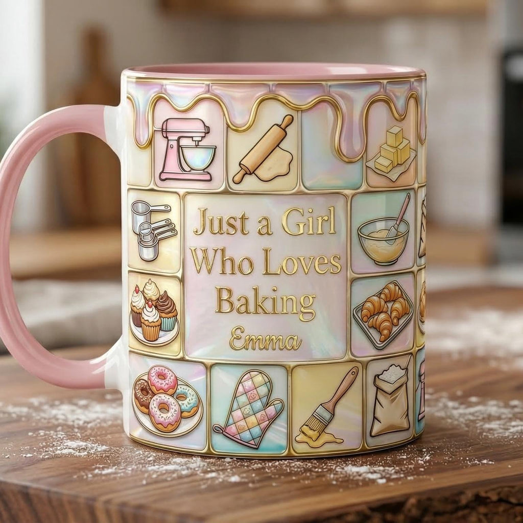 Custom Name Baker’s Dream Faux 3D Effect Mug, Just A Girl Who Loves Baking Mug, Baking Tools Design, Kitchen Baking Gift For Her