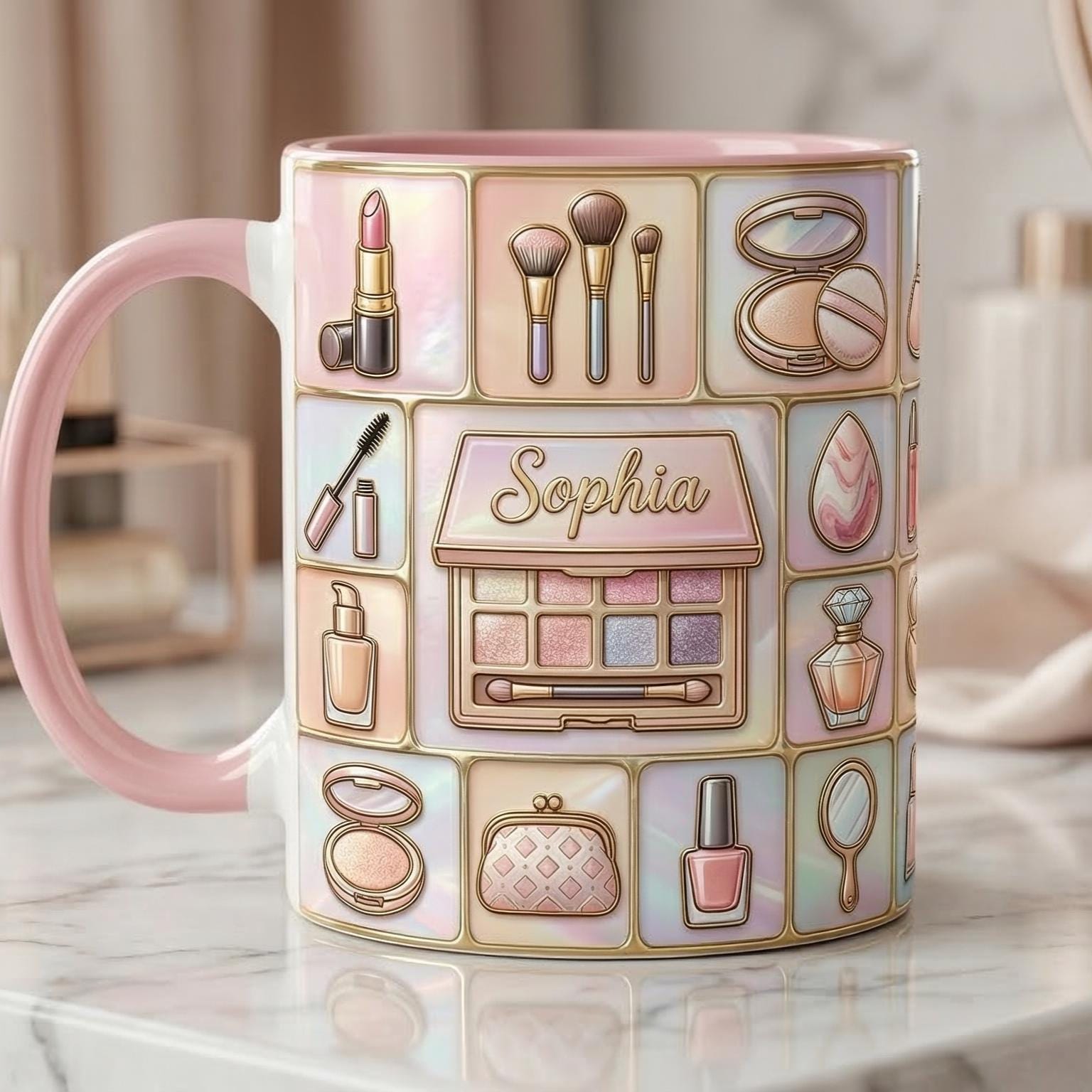 Personalized Makeup Artist Faux 3D Effect Mug, Makeup Accent Coffee Mug, Beauty Lover Gift Mug