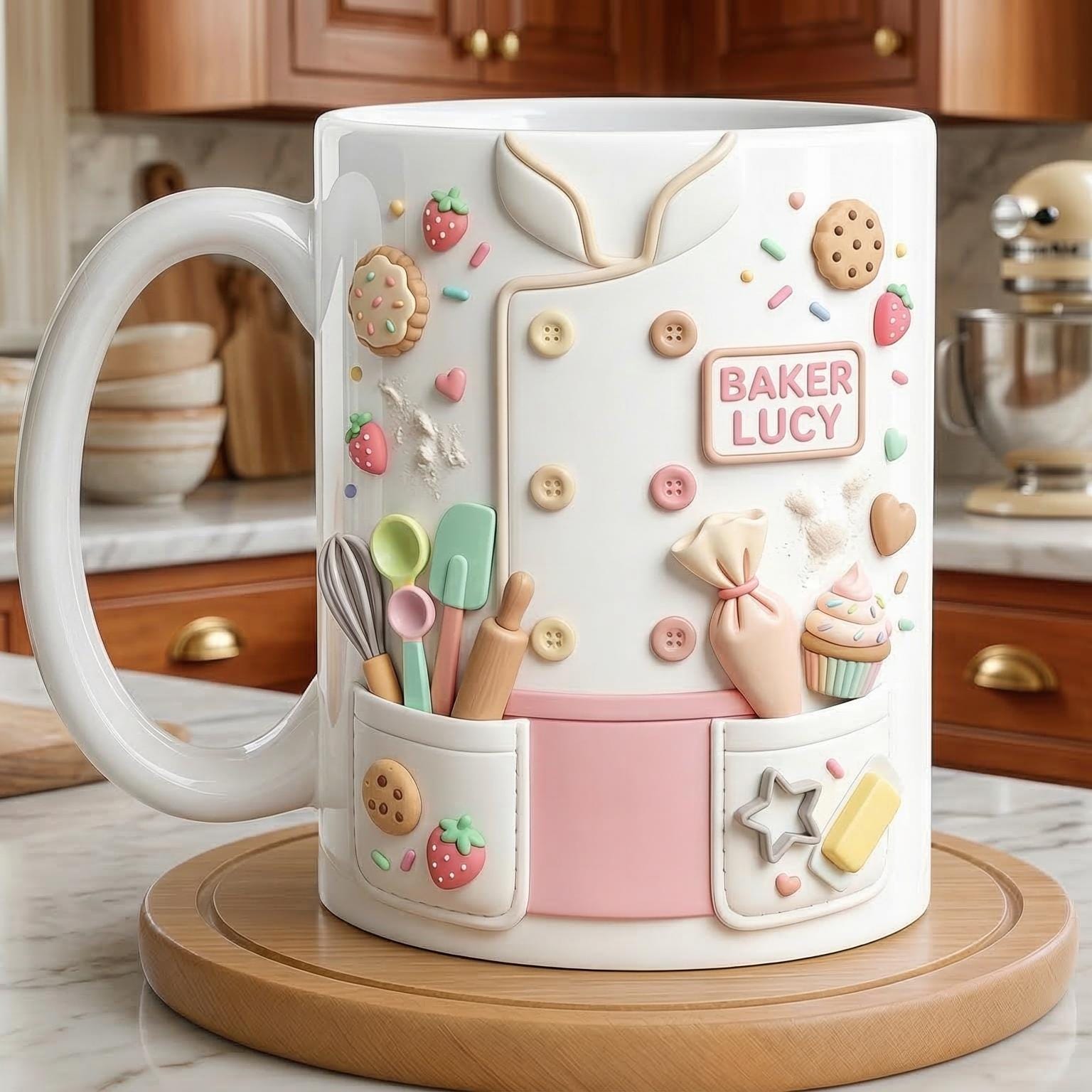 Custom Name Baker Faux 3D Effect Mug, Baking Lover Mug, Baking Tools Design, Kitchen Baking Gift For Her