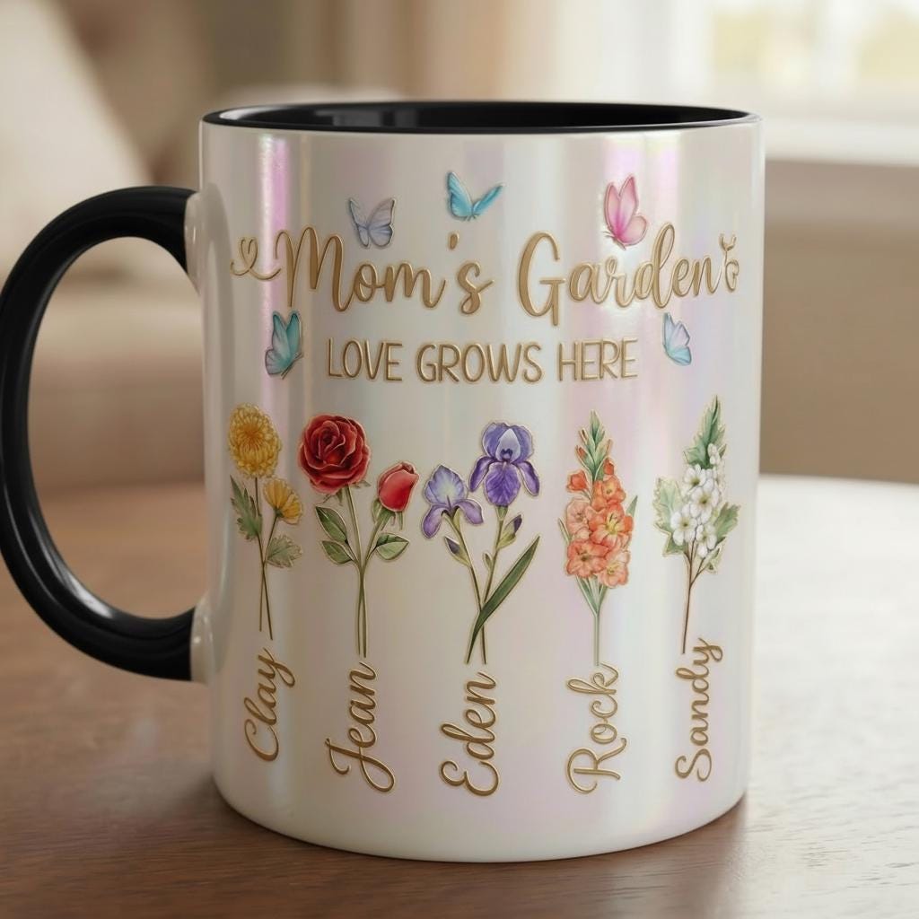 Personalized Mom Flower Mug, Mothers Day Gift for Mom, Custom Birth Flower Planter with Kids Names, Faux 3D - image 4