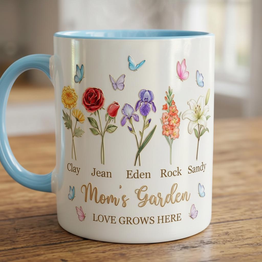 Personalized Mom Flower Mug, Mothers Day Gift for Mom, Birth Flower Planter with Kids Names, Faux 3D - image 2