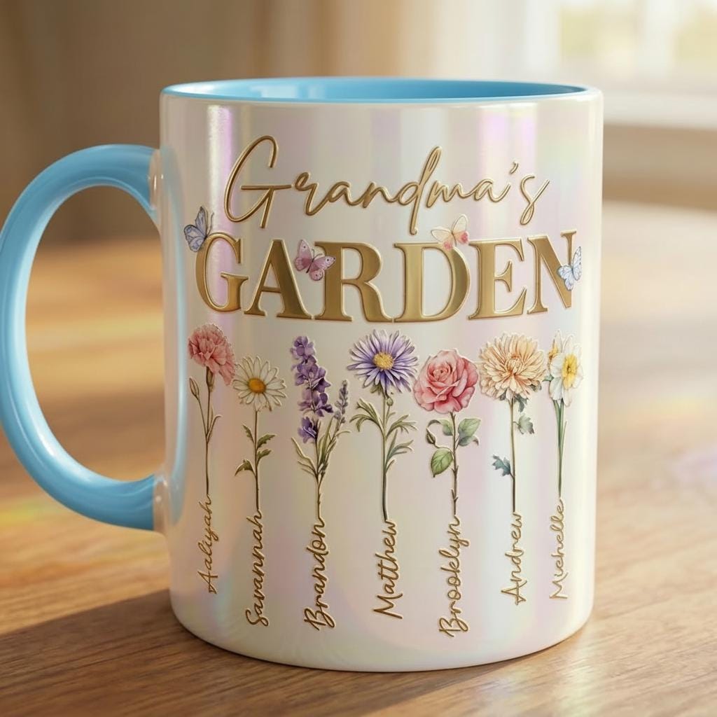 Personalized Mom Flower Mug, Mothers Day Gift, Birth Flower Planter with Kids Names, Faux 3D - image 3
