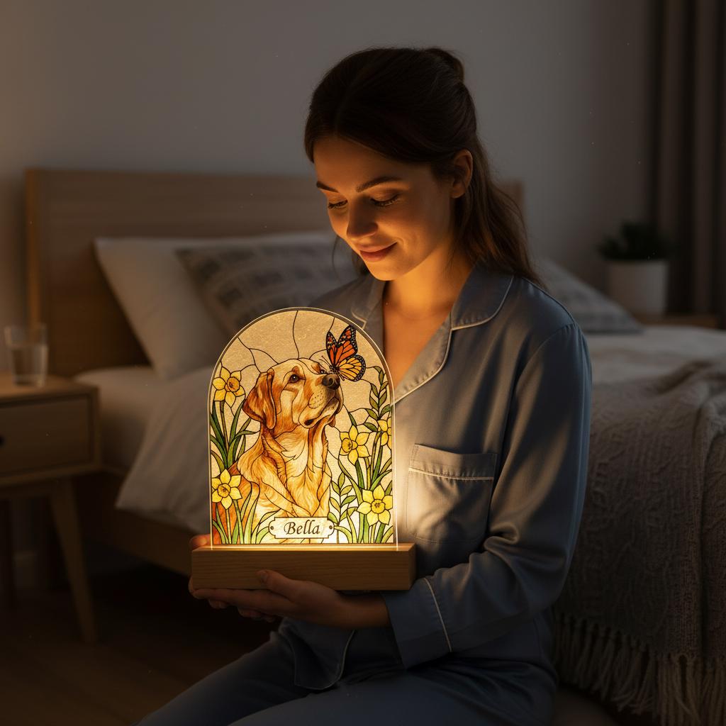 Custom Dog Memorial Acrylic Stained Glass Night Light, Personalized Bedroom LED Decor Sign,  Floral Pet Memorial Gift, Spring Home Decor - image 3